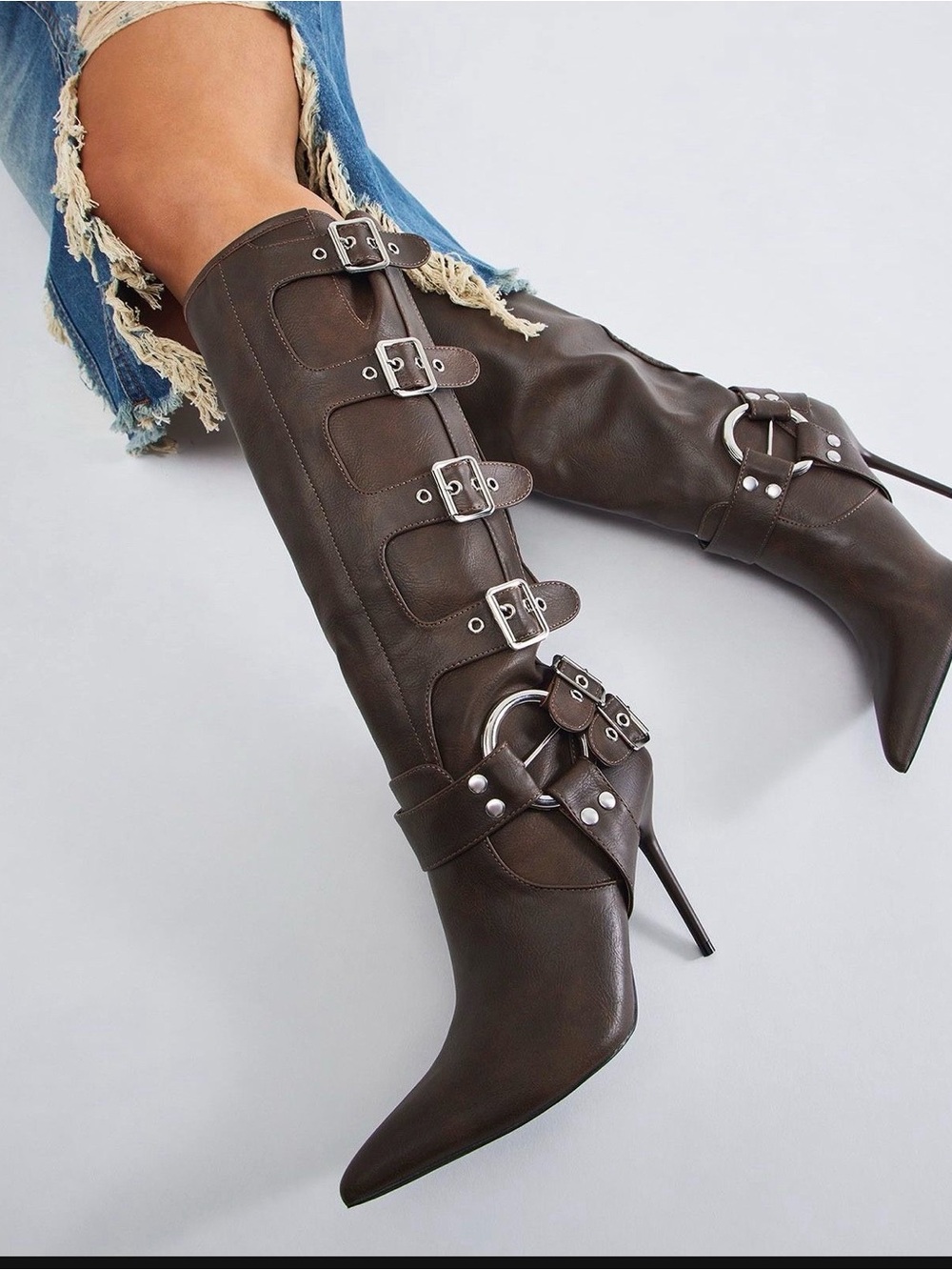 New Tall Buckle Stiletto Knee-High Boots - Dark Brown